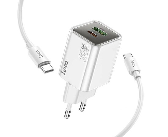  Адаптер Сетевой с кабелем Hoco N46 Glorious USB/Type-C 3A/20W (Type-C/Type-C) (white) (236175) 