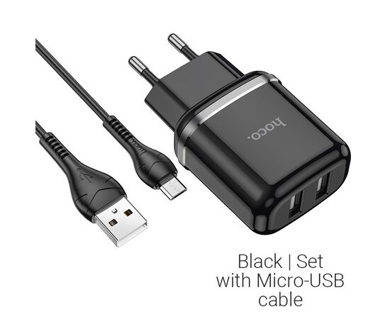  Зарядное устройство HOCO N4 Aspiring 2*USB + Кабель USB-Micro, 2.4A, черный 