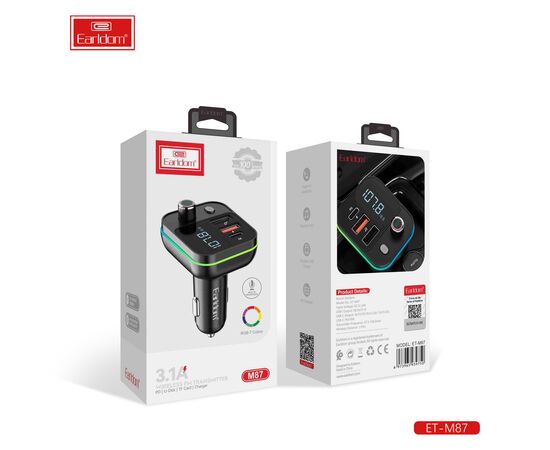  ФМ модулятор (2USB выхода + USB-C, microSD, Bluetooth) Earldom ET-M87, 3.1A, с подсветкой 