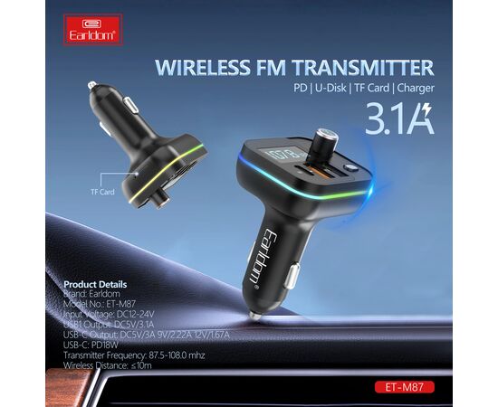  ФМ модулятор (2USB выхода + USB-C, microSD, Bluetooth) Earldom ET-M87, 3.1A, с подсветкой 