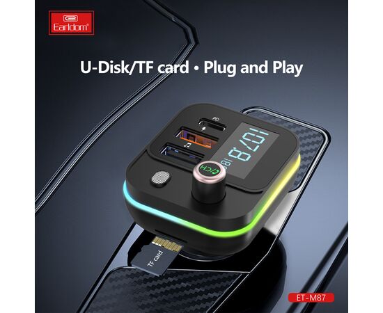  ФМ модулятор (2USB выхода + USB-C, microSD, Bluetooth) Earldom ET-M87, 3.1A, с подсветкой 