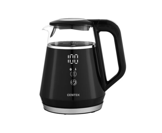  Электрочайник Centek CT-0019 стекло 1л, 1100Вт, LED подсветка, цифров дисплей, защита от вкл б/воды, фильтр 