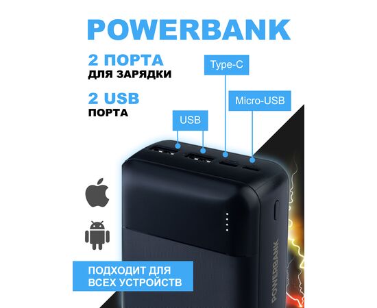  Повербанк Perfeo 30000 mah + In Micro usb+Type-C /Out USB 1 А, 2.1A /цвет - черный 