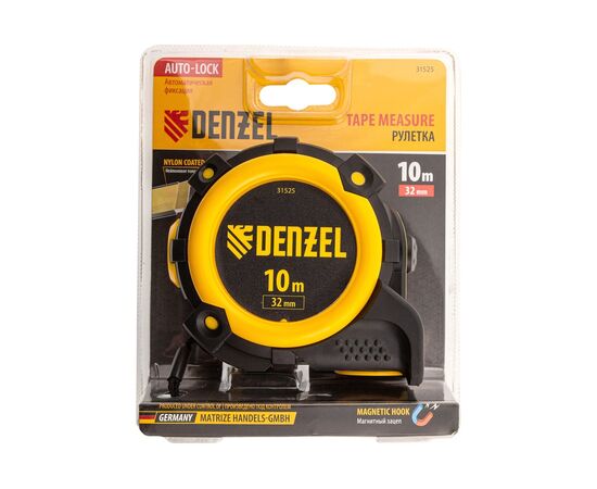  Рулетка Denzel 31525 10мх32мм, автоматич. фиксац., нейлон. покрытие, магнит. зацеп, двухстор. разм 