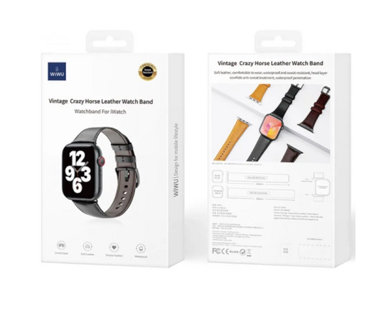  Ремешок для Apple Watch 42/44/45/49 mm  WiWU Wi-WB003 Vintage Grazy Horse Leather (Black) 