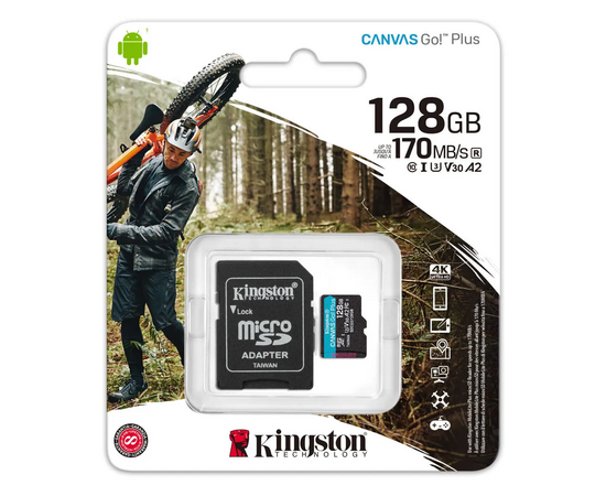  MicroSD  128GB  Kingston Class 10 Canvas Go Plus UHS-I U3 V30 A2 (170/70 Mb/s) + SD адаптер 