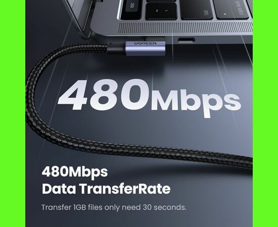 Кабель UGREEN US334 70643 USB-C 2.0 Male To Angled 90° USB-C 2.0 Male 5A Data Cable 1m Black 